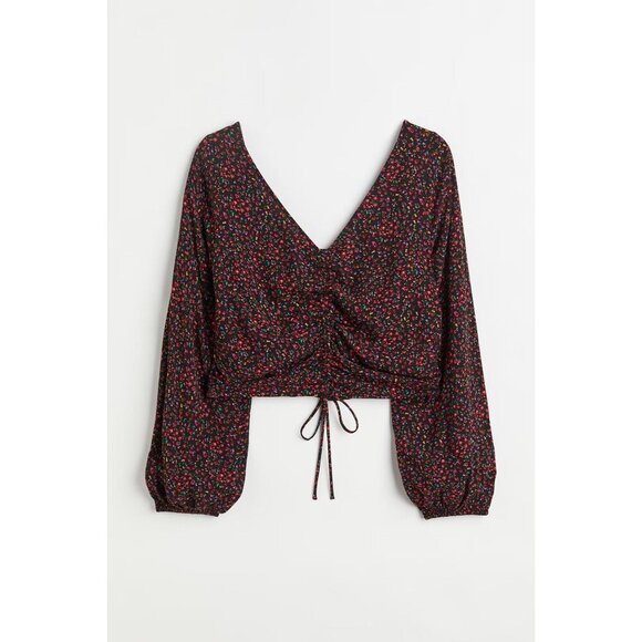 H&M Drawstring Front Crepe Blouse S Long Sleeve Crop Top - Picture 1 of 4
